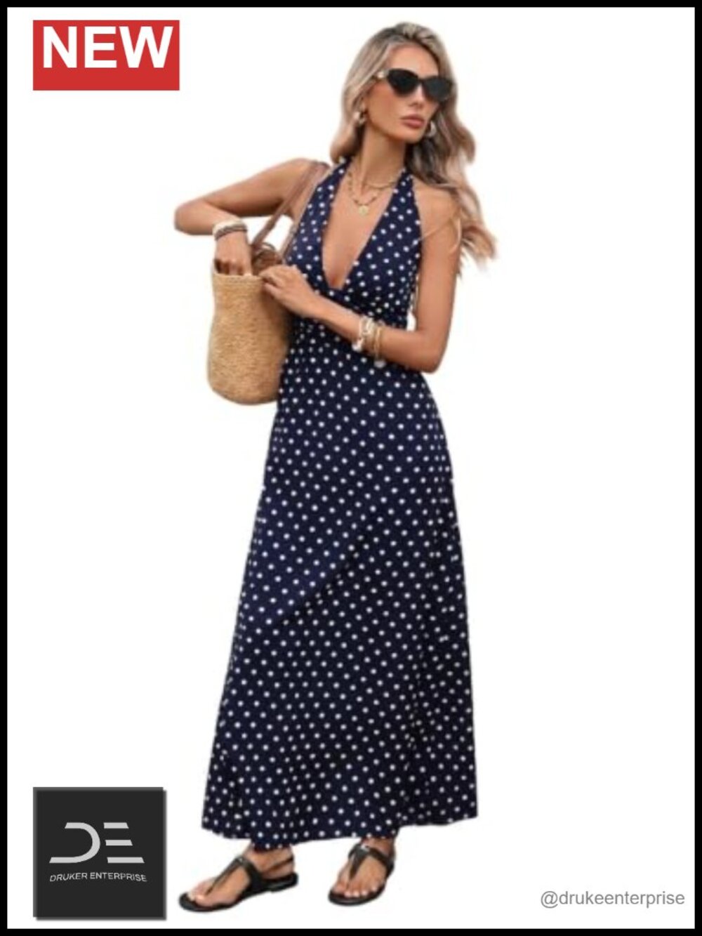Women's Halter Backless Polka Dot Boho Maxi Dress
